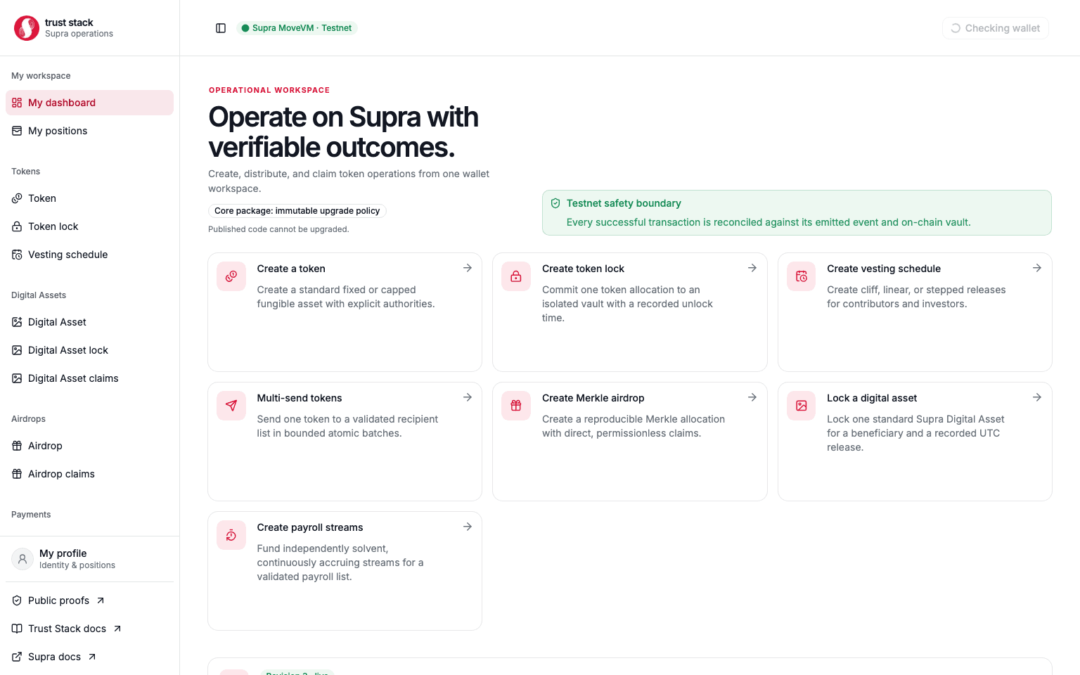 Trust Stack dashboard showing token operation shortcuts and the wallet positions workspace