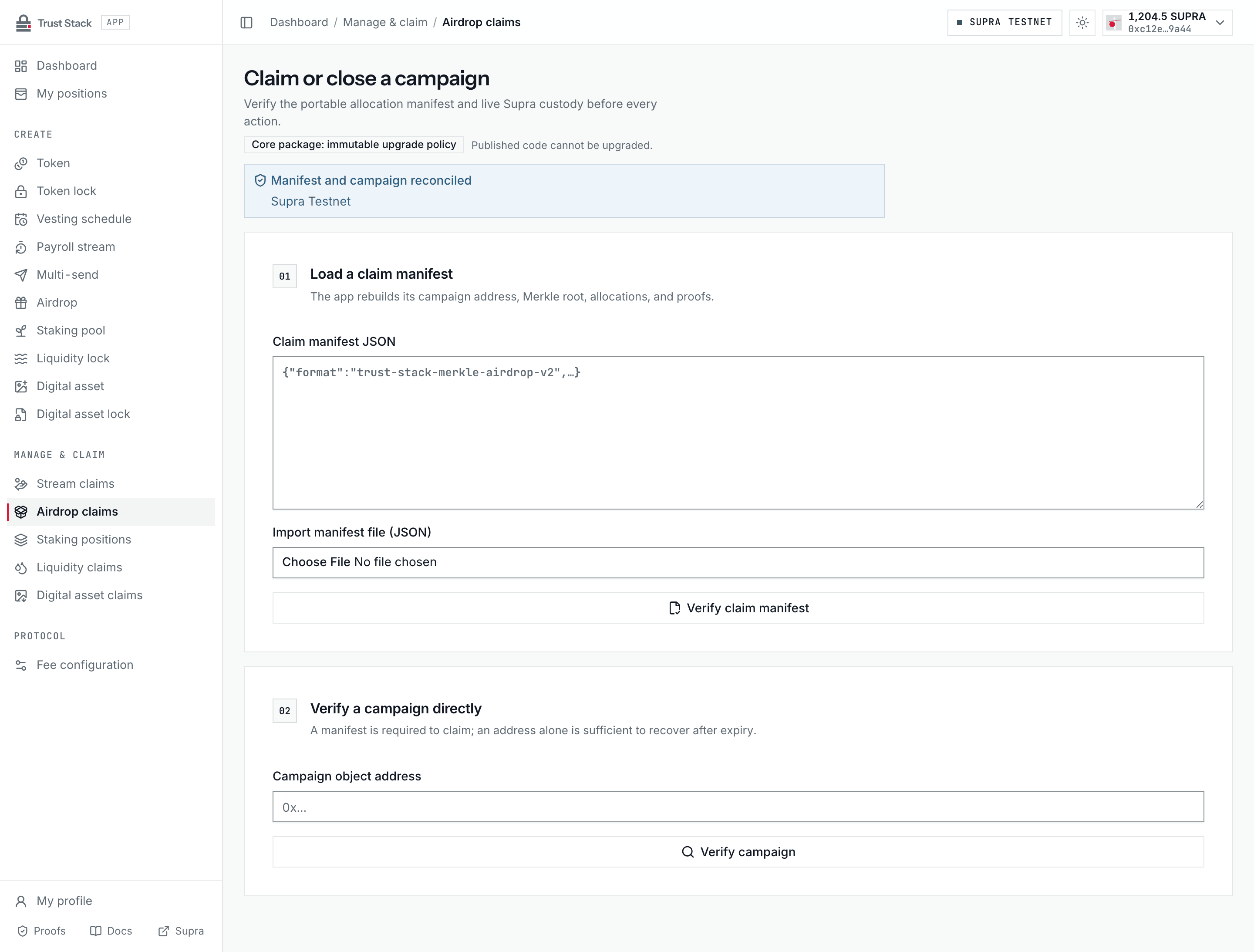 Airdrop claim workspace for loading and locally verifying a manifest