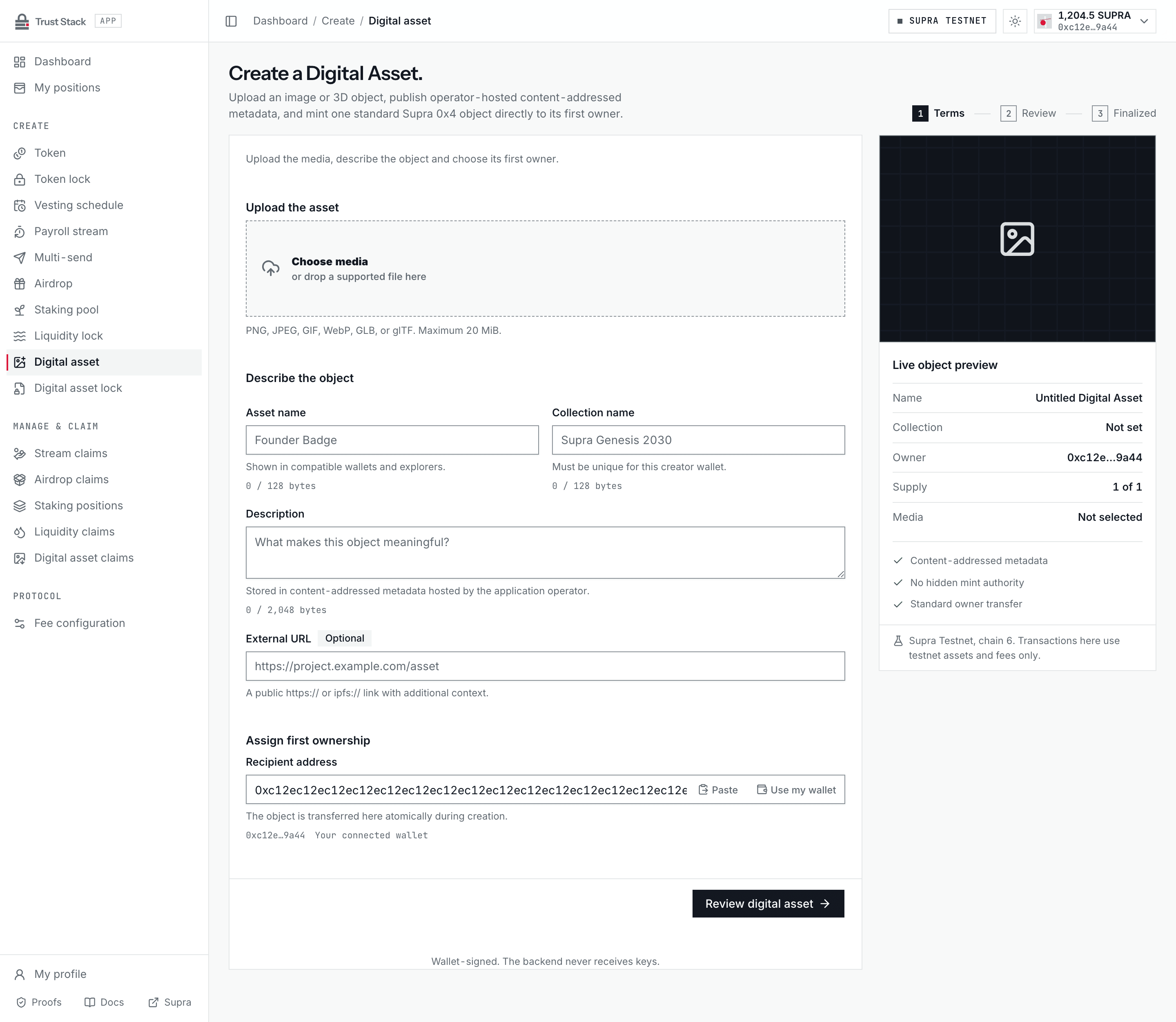 Digital Asset creation form with media upload, metadata, preview, and recipient