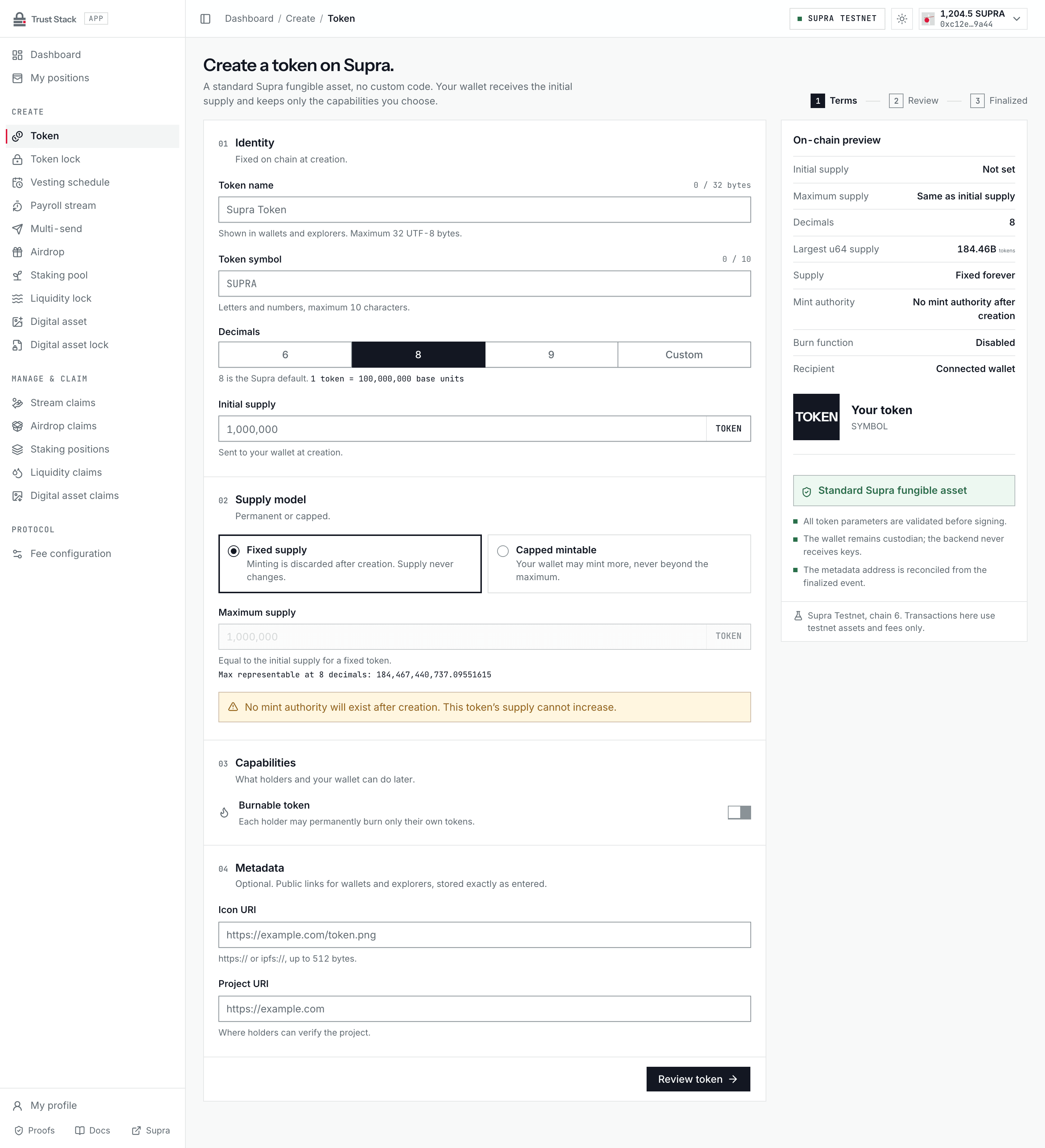 Token creation form showing identity, supply, metadata, and capability controls