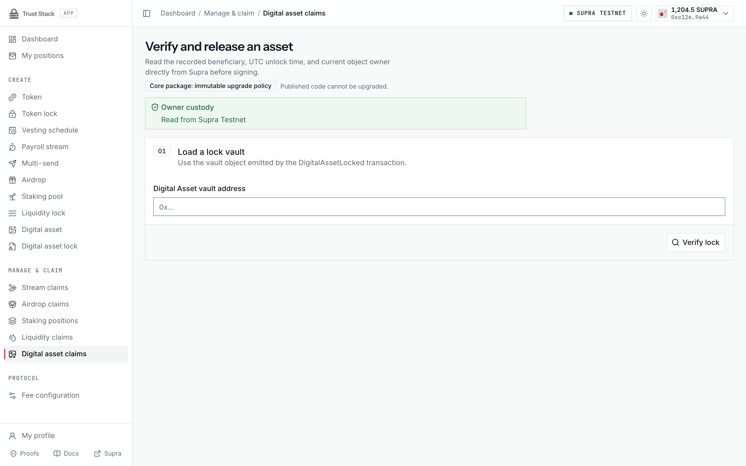 Digital Asset claim workspace showing on-chain vault verification