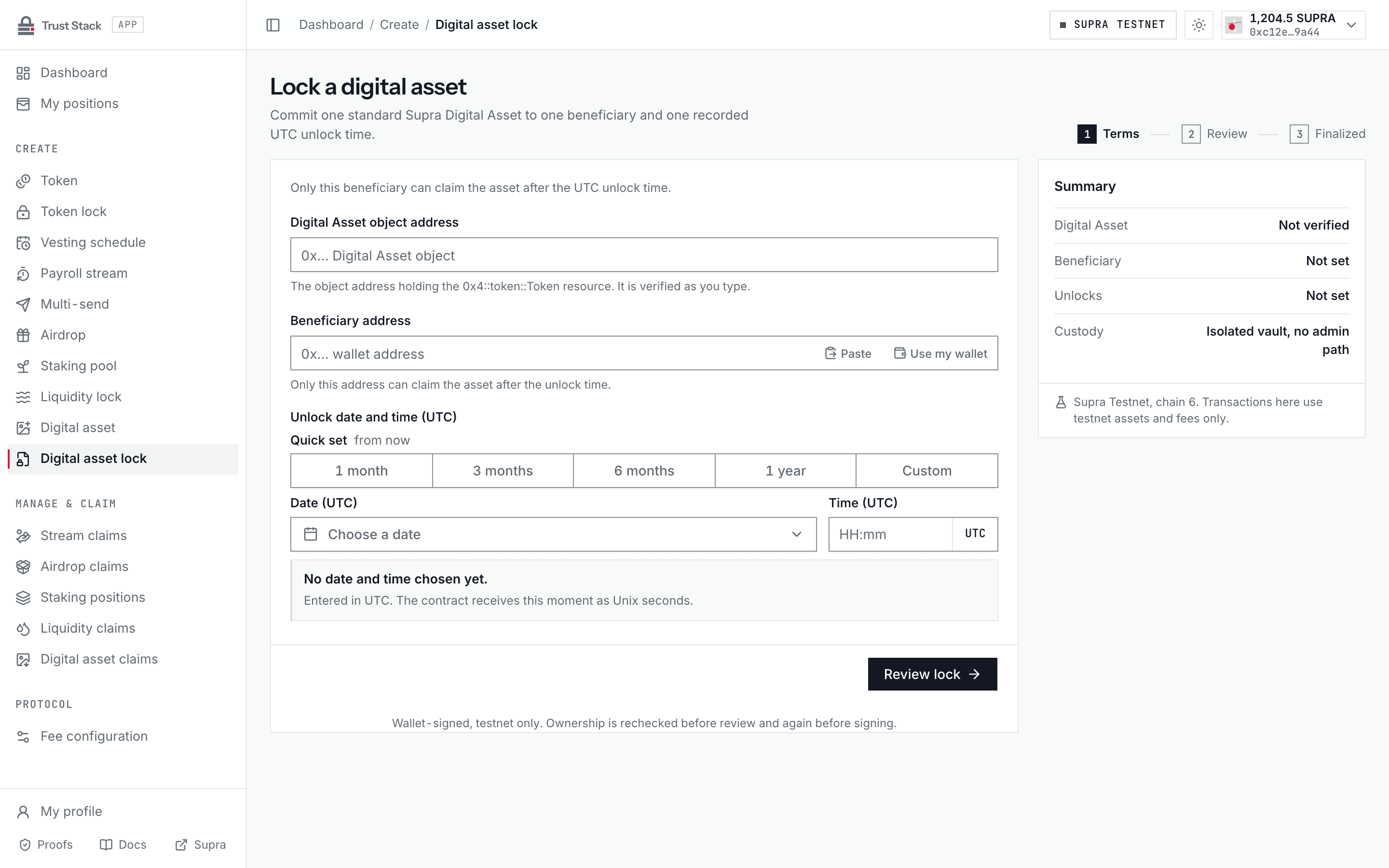Digital Asset lock form with object verification, beneficiary, and unlock time