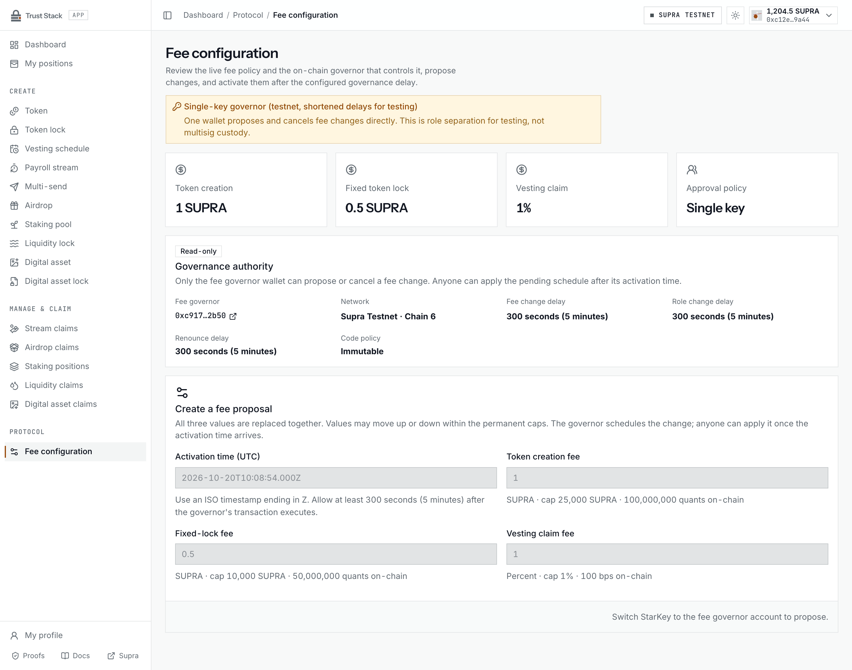 Fee configuration console with the live fee schedule, a single-key testnet governor, 300-second delays shortened for testing, and the read-only proposal form