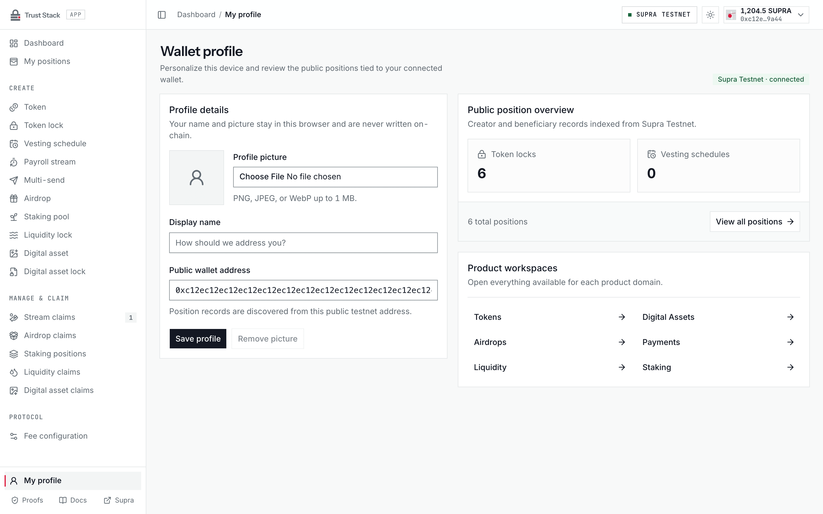 Profile page showing local identity and wallet-linked positions