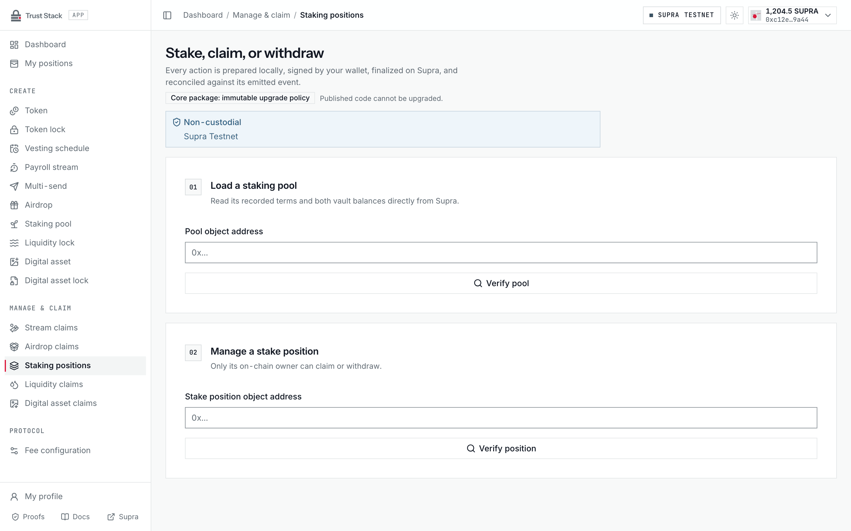 Staking participant workspace for pool and position actions