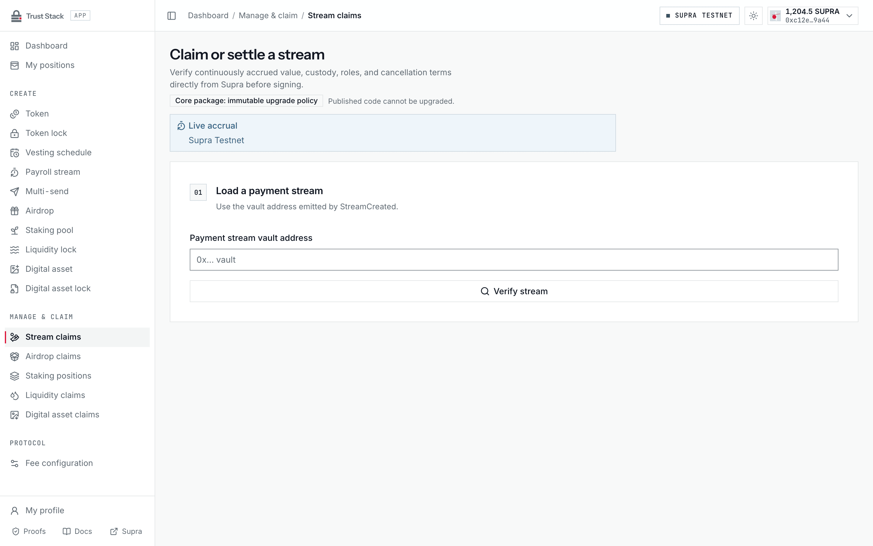 Payment stream management workspace for verifying and claiming a stream