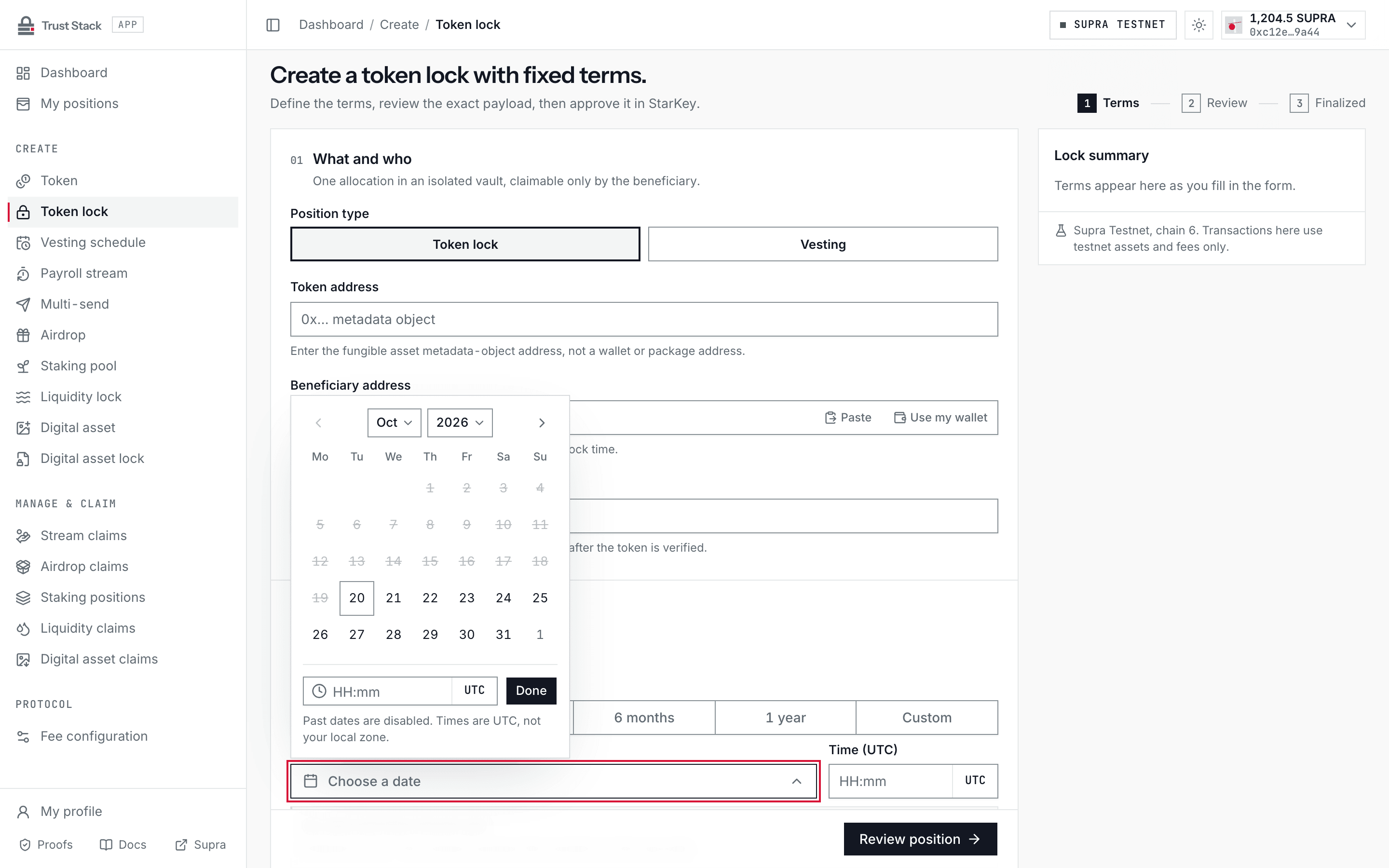 Open UTC date-time picker on the token lock form, with quick-set presets, a calendar, and a 24-hour UTC time field