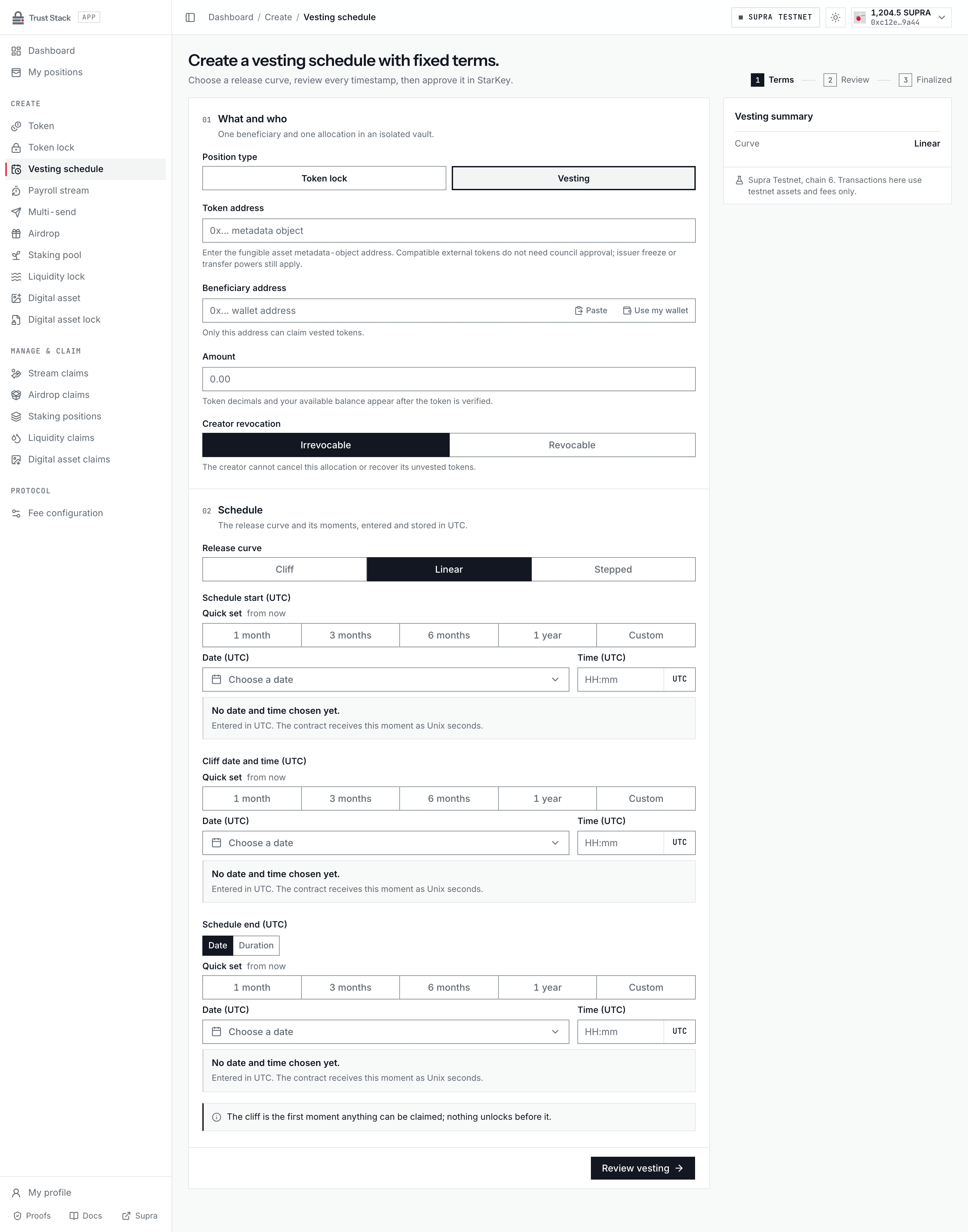 Vesting form with schedule type, token allocation, and beneficiary controls
